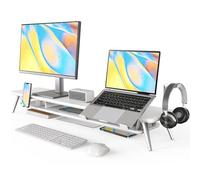 Fenge Supporto per Doppio Monitor con Supporto per Laptop/Telefono, Supporto per Computer a 2 Strati con Ampio Spazio di Archiviazione, 108x23,5x14,5cm Capacità di Carico 50KG (Bianco)
