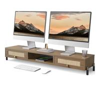 Fenge Supporto per Doppio Monitor in Legno con Porte Intrecciate in Rattan, Riser Ergonomico per 2 Monitor, Organizer da Scrivania, 113 x 23,5 x 15,2 cm