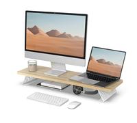 Fenge Supporto per Doppio Monitor in Legno, Organizer Ergonomico per Scrivania per PC, Laptop Stampante, L80xW23,5 xH10cm Capacità di Carico 25KG Rovere