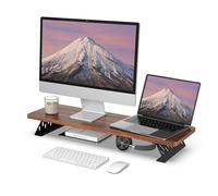 Fenge Supporto per Doppio Monitor in Legno, Organizer Ergonomico per Scrivania per PC, Laptop Stampante, L80xW23,5 xH10cm Capacità di Carico 25KG Marrone