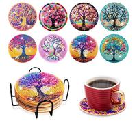 Fengguock 8 pezzi 5D fai da te Sottobicchiere con pittura a diamante con supporto, sottobicchieri in sughero e fiori della vita, multicolore Diamond Painting Art,sottobicchieri di design, per adulti e