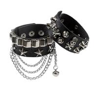 Fenglin-joy Punk Bracciale, 2Pcs Braccialetti Borchie Punk in Pelle PU Catena Nera Regolabili per Uomini e Donne