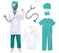 FENGQ Costume Dottore Bambino, Costume da Medico per Bambini, Camice Dottore Bambino con Stetoscopio, Cuffie Chirurgiche, Accessori Unisex per Halloween per 135-145CM Bambini