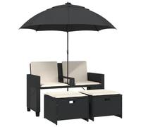 Fengshui Divano da giardino a 2 posti, con ombrellone e sgabello, nero | polyrattan, federe rimovibili e lavabili, telaio in acciaio verniciato a polvere, salvaspazio