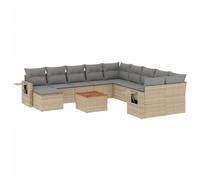 Fengshui Divano da giardino in polyrattan beige, 12 pezzi, con cuscino | Ripiani pieghevoli con molle a gas, piano in legno di acacia, rivestimento rimovibile e lavabile, design modulare