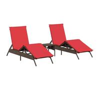 Fengshui Lettini prendisole 2 pezzi con tavolo marrone polyrattan | Schienale regolabile a 4 livelli, pediera a 3 livelli, cuscino imbottito spesso, rivestimento rimovibile e lavabile
