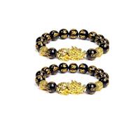 FengShui Pi xiu - Braccialetto portafortuna per donne e uomini, Feng Shui Pixiu, braccialetto elastico regolabile con perline di ossidiana nera, gioiello, Large, perline, Nessuna pietra preziosa