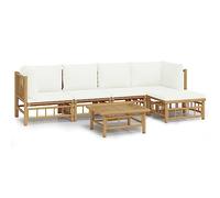 Fengshui Set da giardino in bambù, 6 pezzi, con cuscini color crema | Struttura modulare, convertibile in modo flessibile, cuscino imbottito spesso, tavolo incluso