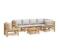 Fengshui Set da giardino in bambù, 7 pezzi, con cuscini grigio chiaro | Struttura modulare, combinabile in modo flessibile, cuscino imbottito spesso, tavolo incluso, per esterni
