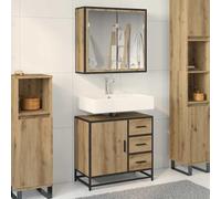 Fengshui Set di 2 mobili da bagno con specchio e mobile lavabo, in rovere artigianale, design moderno, montaggio a parete, risparmio di spazio, per utensili da bagno