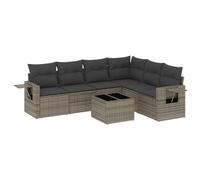 Fengshui Set di 7 divani da giardino in polyrattan grigio con cuscini | Design modulare, piano in vetro, ripiani pieghevoli, molle a gas, tavolino