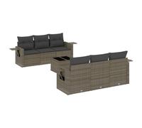 Fengshui Set di 7 divani da giardino in polyrattan grigio con cuscini | Design modulare, ripiano in vetro, ripiani pieghevoli con molle a gas, imbottitura spessa, resistente alle intemperie