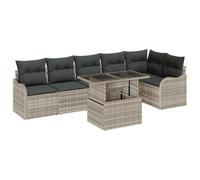 Fengshui Set di 7 divani in polyrattan grigio chiaro | Design modulare, 1 angolo, 3 medi e 2 braccioli, tavolo con piano in vetro, resistente ai raggi UV, per giardino