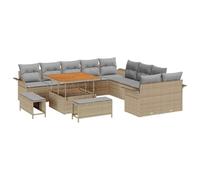 Fengshui Set di divani da giardino, 13 pezzi, beige e grigio chiaro | polyrattan, acciaio verniciato a polvere, seduta imbottita in schiuma, superficie in legno di acacia, piedini regolabili