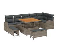 Fengshui Set di divani da giardino, 9 pezzi, grigio, con contenitore | polyrattan, telaio in acciaio verniciato a polvere, superficie in legno di acacia massiccio, cuscino in poliestere