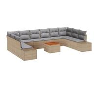 Fengshui Set di divani da giardino beige, 11 pezzi, in polyrattan | Modulare con legno di acacia, 6 pannelli centrali, 2 angolari, 2 pannelli laterali, tavolo, cuscini con cerniera