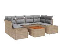 Fengshui Set di divani da giardino con tavolo, 7 pezzi, in polyrattan, colore beige | Design modulare, legno di acacia, acciaio verniciato a polvere, federe rimovibili, lavabile in lavatrice
