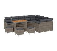 Fengshui Set di divani da giardino in polyrattan, 13 pezzi, grigio | Design modulare, vano portaoggetti integrato, telaio in acciaio verniciato a polvere, accenti in legno di acacia