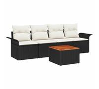 Fengshui Set di divani da giardino in polyrattan, 5 pezzi, con cuscino, colore nero | Design modulare, telaio in legno di acacia, cuscino rimovibile, resistente alle intemperie