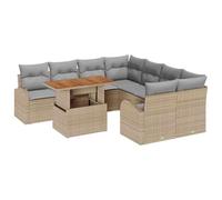 Fengshui Set di divani da giardino in polyrattan, 9 pezzi, beige e grigio chiaro | Tavolo in legno di acacia, divano a 2 posti, 4 unità di seduta, resistente ai raggi UV