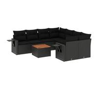 Fengshui Set di divani da giardino in polyrattan, 9 pezzi, colore: nero | Design modulare, ripiano pieghevole con molla a gas, piano del tavolo in legno di acacia, federe rimovibili