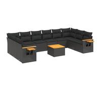 Fengshui Set di divani da giardino in polyrattan con cuscini, 11 pezzi, colore: nero | Piano del tavolo in legno di acacia, ripiani pieghevoli, design modulare, rivestimenti rimovibili