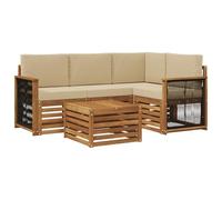 Fengshui Set di divani per esterni, 5 pezzi, beige, 59 x 59 x 37 cm | Legno di acacia massiccio, design modulare, superfici scanalate, per giardino e terrazza