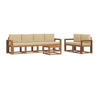 Fengshui Set di divani per esterni, 7 pezzi, in acacia naturale, marrone | design a lamelle, cuscino beige, set di mobili da giardino, in legno massiccio resistente