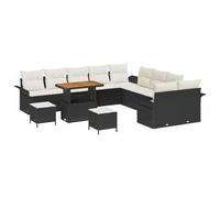 Fengshui Set di mobili da giardino con cuscini, 13 pezzi, colore nero e | polyrattan, telaio in acciaio verniciato a polvere, seduta imbottita in schiuma, superficie in legno di acacia