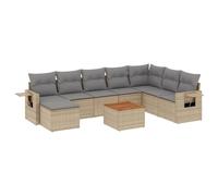 Fengshui Set divano da giardino 9 pezzi con cuscino beige polyrattan | Ripiani pieghevoli con molle a gas, piano in legno di acacia, rivestimento rimovibile e lavabile, design modulare