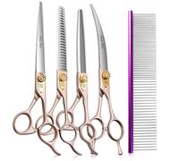 Fenice Peak 7‘’ Professional Dog Grooming Scissors Set Rose Gold 440C Stainless Steel Straight Thinning Curved Chunker Shears 4pcs Set for Pet Grooming Services Dogs and Cats