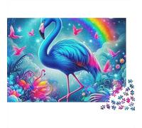 Fenicottero Puzzle Difficile per Serata Giochi in Famiglia 1000 Pezzi, Fenicottero Blu con Arcobaleno e Farfalle, Premium, Spesso, Robusto, Alta Qualità, Vivace, Sfidante, Antistress 52x38cm/1000pz
