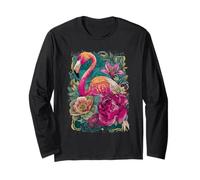 Fenicottero Rosa con Fiori Tropicali Stile Art Nouveau Maglia a Manica