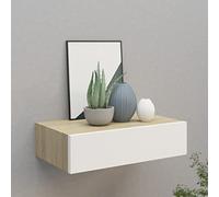 FENLAX Mensola da parete con cassetti, 40 x 23,5 x 10 cm, in MDF, metallo, colore marrone quercia e bianco, con cassetto pensile moderno