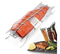 FENNEK Supporto per salmone fiammato in acciaio inox per braciere con bordo largo fino a 4 cm e bidoni del fuoco, con speciale meccanismo di serraggio, non necessarie viti, girevole a 180°, prodotto