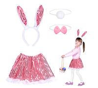Fennoral 4pz Bambina Orecchie da Coniglio Fascia Rosa Costumi Cosplay Coniglietto Papillon Coda di Coniglio Paillettes Tutu Bunny Accessori Kit Anime Fantasia per Bambina Pasqua Festa di Carnevale