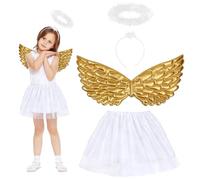 Fennoral Costume da angelo per bambini, con ali d'angelo con tutù gonna bianca Halo, fascia per capelli, ali dorate, alone per ragazze, gioco di presepe per Halloween, costume per carnevale