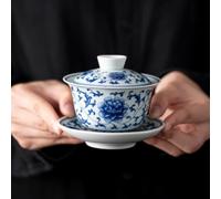 FENNYYAR Mutton-fat Jade Ceramic Gaiwan, 140 ml, blu e bianco intrecciato Lotus Kung Fu Tea Set da tè per la casa ciotola da tè