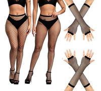 FENQURO 2 Pezzi Calze a Rete e 2 paia di guanti elastici a rete, calze a rete nere donna, Collant a Rete da Donna Nero Alta Calze Collant, Calze Rete Elastiche Sexy per Adulto Calze a Rete a Vita