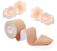 FENQURO Nastro Adesivo Seno Invisibile, Boob Tape, Copricapezzoli Adesivi, Nastro Adesivo, Set di Nastro Reggiseno Adesivo per Push up, Adatto per A-G, con 1 Nastro Seno, 4 Silicone Copricapezzoli