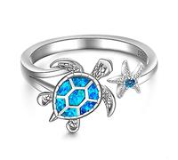 Fenthring Anello a forma di tartaruga in argento Sterling con stella marina e opale blu, anello regolabile a fascia per tartaruga marina, regalo di longevità, 8, Argento sterling, Zirconie sintetico