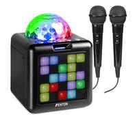 Fenton KAR15B - Altoparlante per karaoke, per bambini, Bluetooth con batteria con 2 microfoni, colore: nero, palla da discoteca e facciata LED in ritmo con musica, 4 effetti vocali, ideale per feste