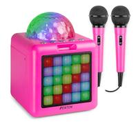 Fenton KAR15P - Altoparlante Bluetooth per karaoke, per bambini, con 2 microfoni, colore: rosa, palla da discoteca e facciata LED in ritmo con musica, 4 effetti vocali, ideale per feste di compleanno