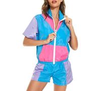 FENXIXIONE Donna 2 pezzi Vintage Set a blocchi di colore Zip frontale Top mezza manica Abbinato Vita elastica Set di pantaloncini Completi anni 80/90 (XL,Blu)