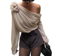 FENXIXIONE Donne Sexy Chiffon Top Una Spalla Camicia A Manica Lunga 3d In Maglia Floreale Camicetta Elegante Per Uscire (Albicocca bianca,M)