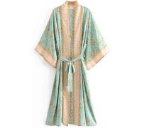 FENXIXIONE Kimono da Donna Abito Lungo Abito Stampa Floreale Spiaggia Cardigan Kimono Accappatoio Copri Bikini Raso di Seta Vintage Abbigliamento da Notte Accappatoio (Verde,S)