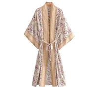 FENXIXIONE Kimono da Donna Abito Lungo Abito Stampa Floreale Spiaggia Cardigan Kimono Accappatoio Copri Bikini Raso di Seta Vintage Abbigliamento da Notte Accappatoio (Champagne,L)