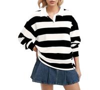 Fenxixione, maglietta polo da donna a maniche lunghe a righe, collo oversize, Y2k, pullover, t-shirt casual, ampia, a manica lunga, per streetwear, felpa da rugby, Nero , M