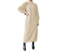 FENXIXIONE Maglione Invernale da Donna Oversize Manica Lunga Tartaruga Collo Maglieria Abito Pullover Sciolto Maxi Abito Maglione Campana (Beige,M)