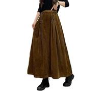FENXIXIONE Maxi gonna da donna in velluto a coste per autunno inverno gonna lunga a pieghe con tasche a vita alta con coulisse cravatta frontale a trapezio, Marrone, XL